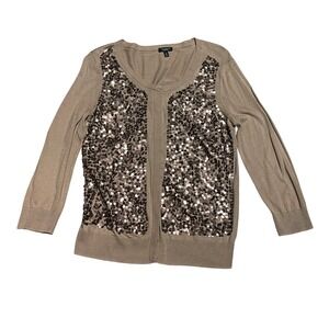 Talbots Cardigan Sweater Womens Medium Brown Sequin Embellished Cotton Blend EUC